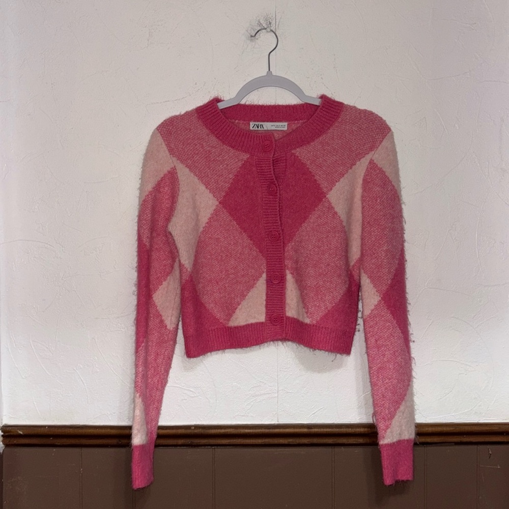 Zara | Pink Printed Button Up Sweater